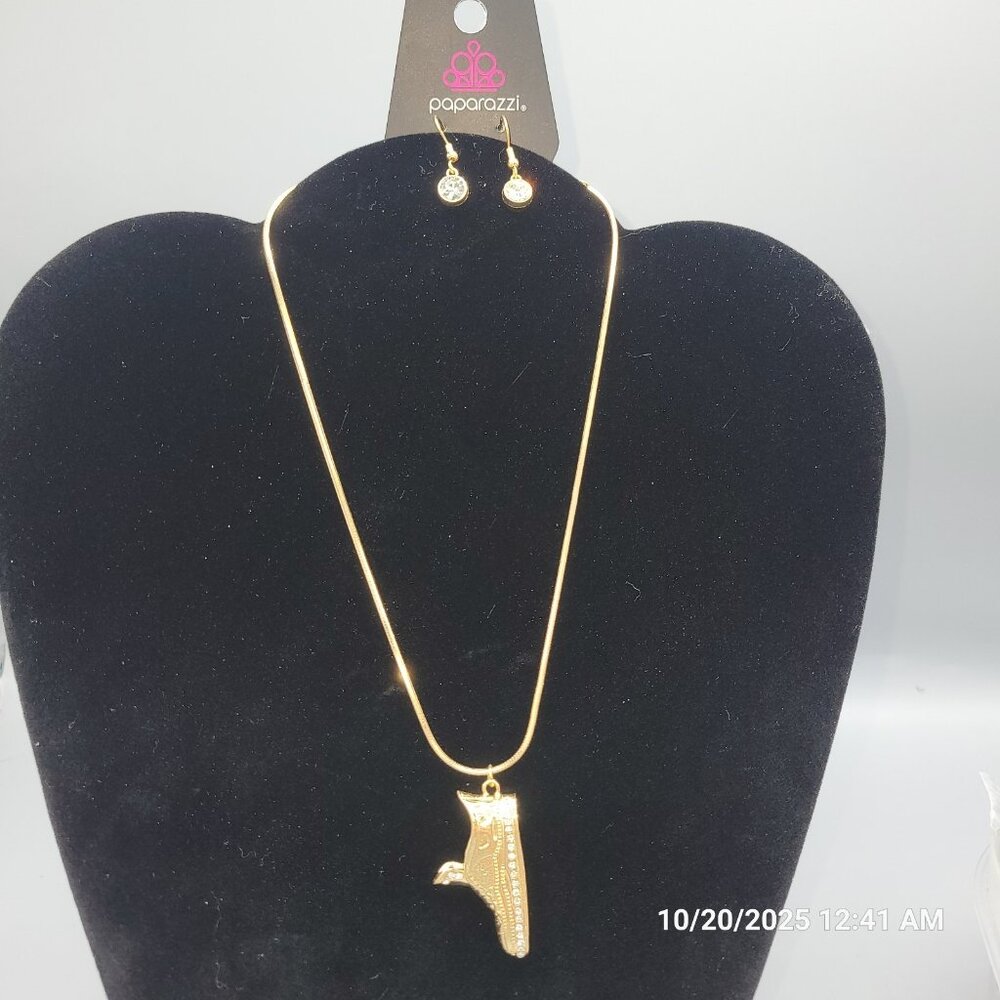 Paparazzi Sneaker Shimmer Goldtone Rhinestones Necklace Earrings